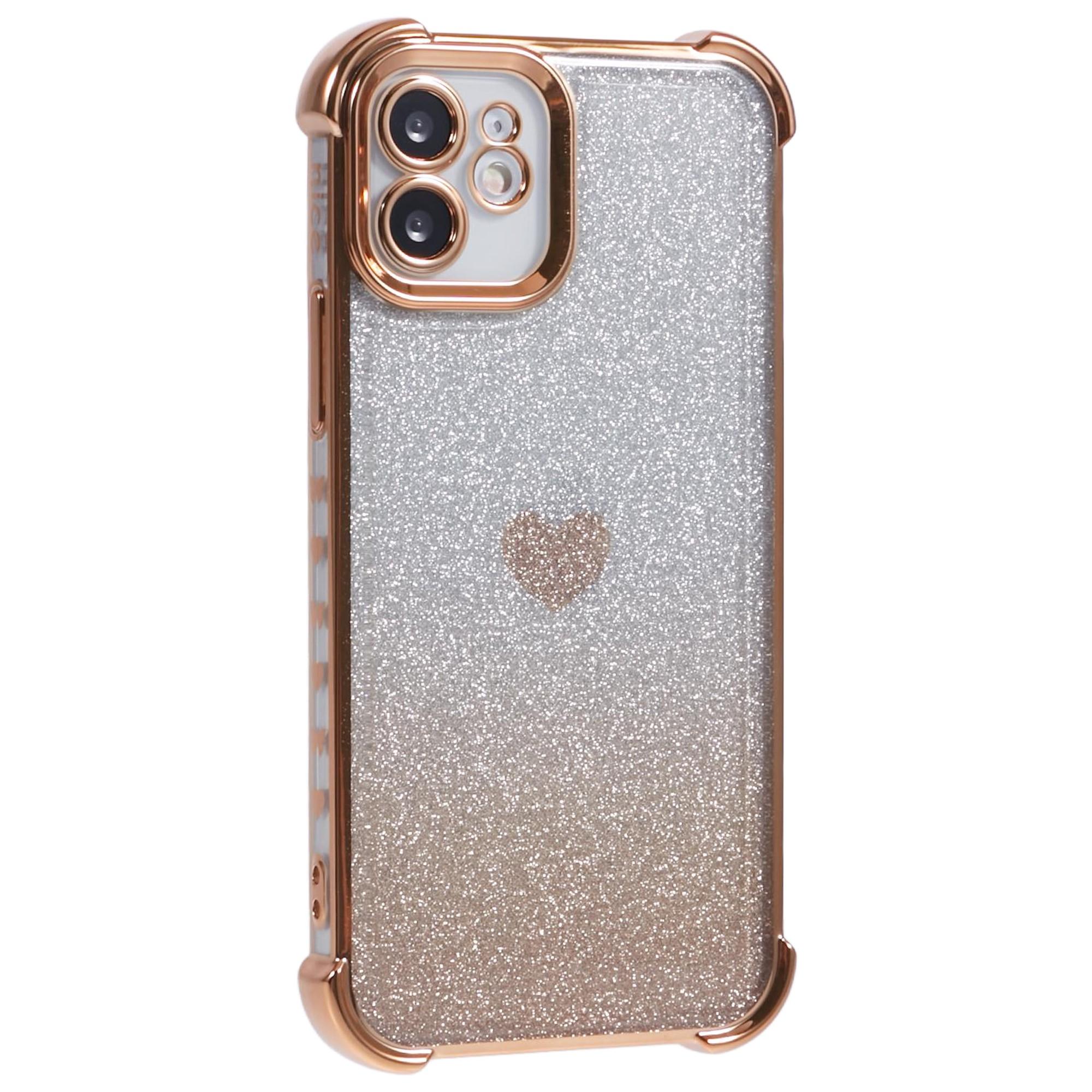 

For iPhone 12 Case Heart Pattern TPU Glitter Phone Cover Four Corners Air Cushion B