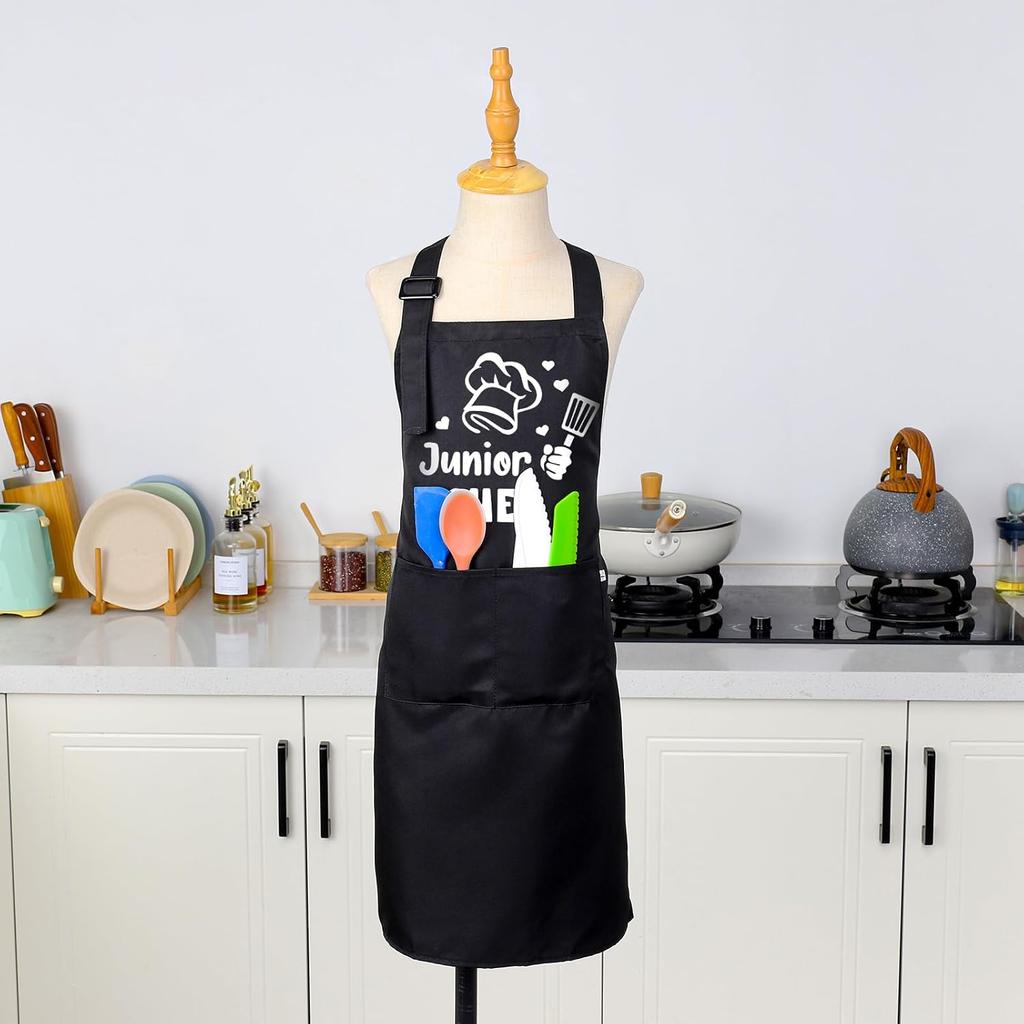 Auidy_6TXD Kids Apron and Chef Hat Set, Funny Apron (Junior CHEF) Adjustable Child Apron with 2 Pockets Waterproof Chef In Training Gifts for Boys
