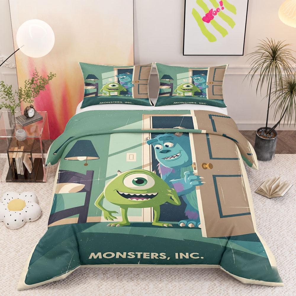 Classic Monsters Inc Retro Movie Poster Green 3-Piece Bedding Set, Modern Duvet Cover with Button Closure, King Size Duvet Cover with Pillowcases
