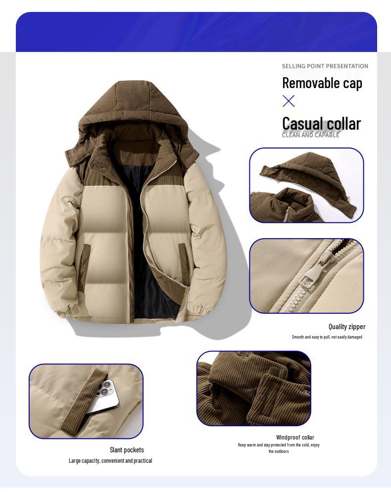 Men's Winter Corduroy Color Block Jacket - Loose Fit, Cotton-Padded Coat (Foreign Sizes)