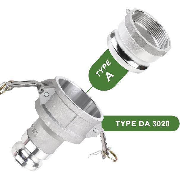 Camlock Fittings Type DA 3’’ Female Camlock × 2’’ Male Camlock Cam and Groove Hose Fittings, Aluminum Material, Reducer, 125PSI