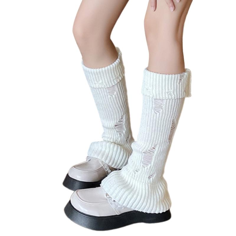 Japanese Punk Leg Warmers Women Girls Ribbed Knit Flared Wide Leg Long Socks Ripped Hole Boot Cuffs Leg Cover Streetwear