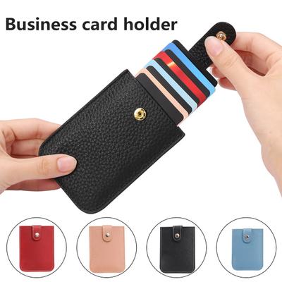 Faux Leather Card Holder Large Capacity Pull-out 6 Slots Solid Color Button Slim Minimalist Portable Business Card Bank Card Driver License