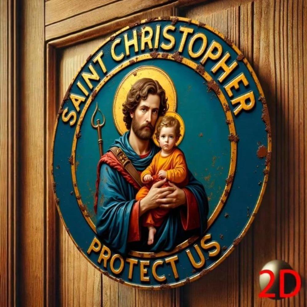 St Christopher Medal Tin Sign Religious Wall Decor Vintage Blue Gold Circular