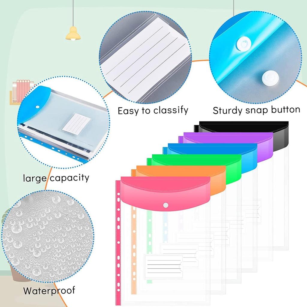 6PCS A4 file bag, contract bag, 11 hole insertable loose leaf bag, test paper bag, transparent three-dimensional buckle bag