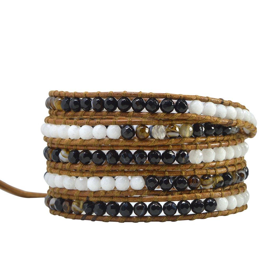 KELITCH Agate Shell Beads Bracelet Original Leather Summer Bangle 5-Wrap (Brown)