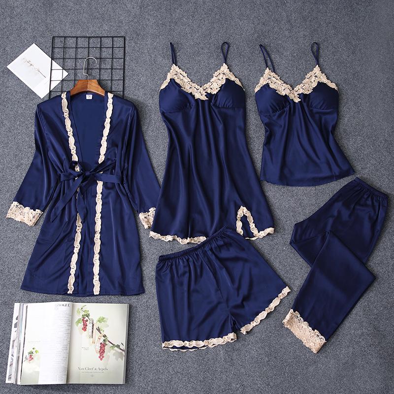 Women's Satin Chiffon Five-Piece Pajama Set: Sexy Faux Silk with Camisole, Robe, and Chest Pads for Autumn and Summer.