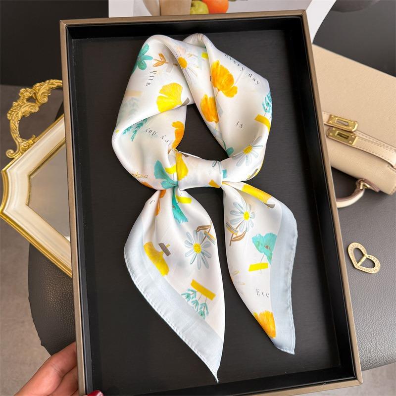 Korean Style Printed Silk Like Square Scarf For Women Sun Protection