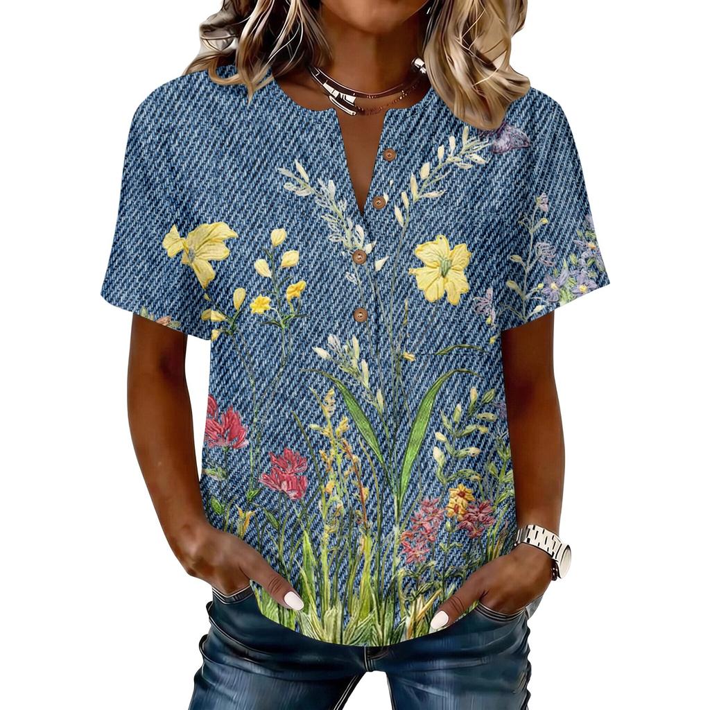 Women's Vintage Floral Print Henley Button Neck Short Sleeve Shirt Lightweight Cotton Linen Blend Casual Top for Everyday Wear
