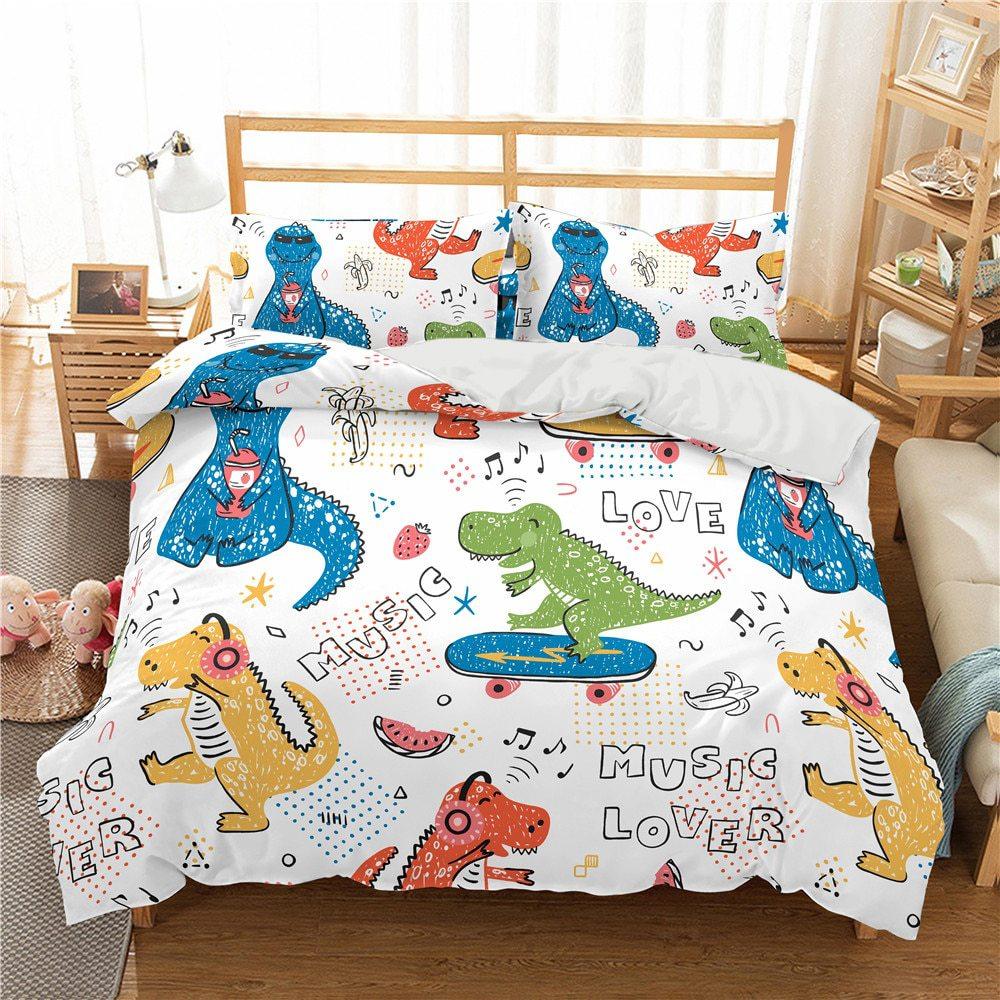 Set di biancheria da letto in poliestere con stampa di dinosauri carini, tre pezzi, tessile per la casa