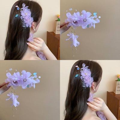 Fairy Chiffon Pearl Flower Tassel Hair Clip - Vacation Style Duckbill Bangs Accessory