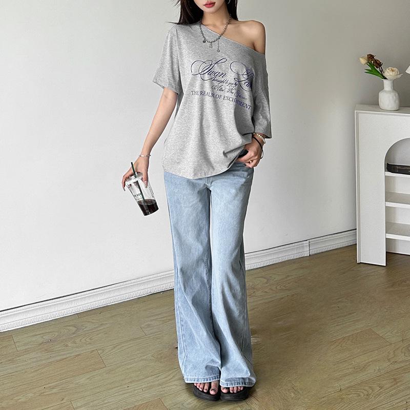 2025 Women's Summer One-Shoulder Loose T-Shirt with Letter Print