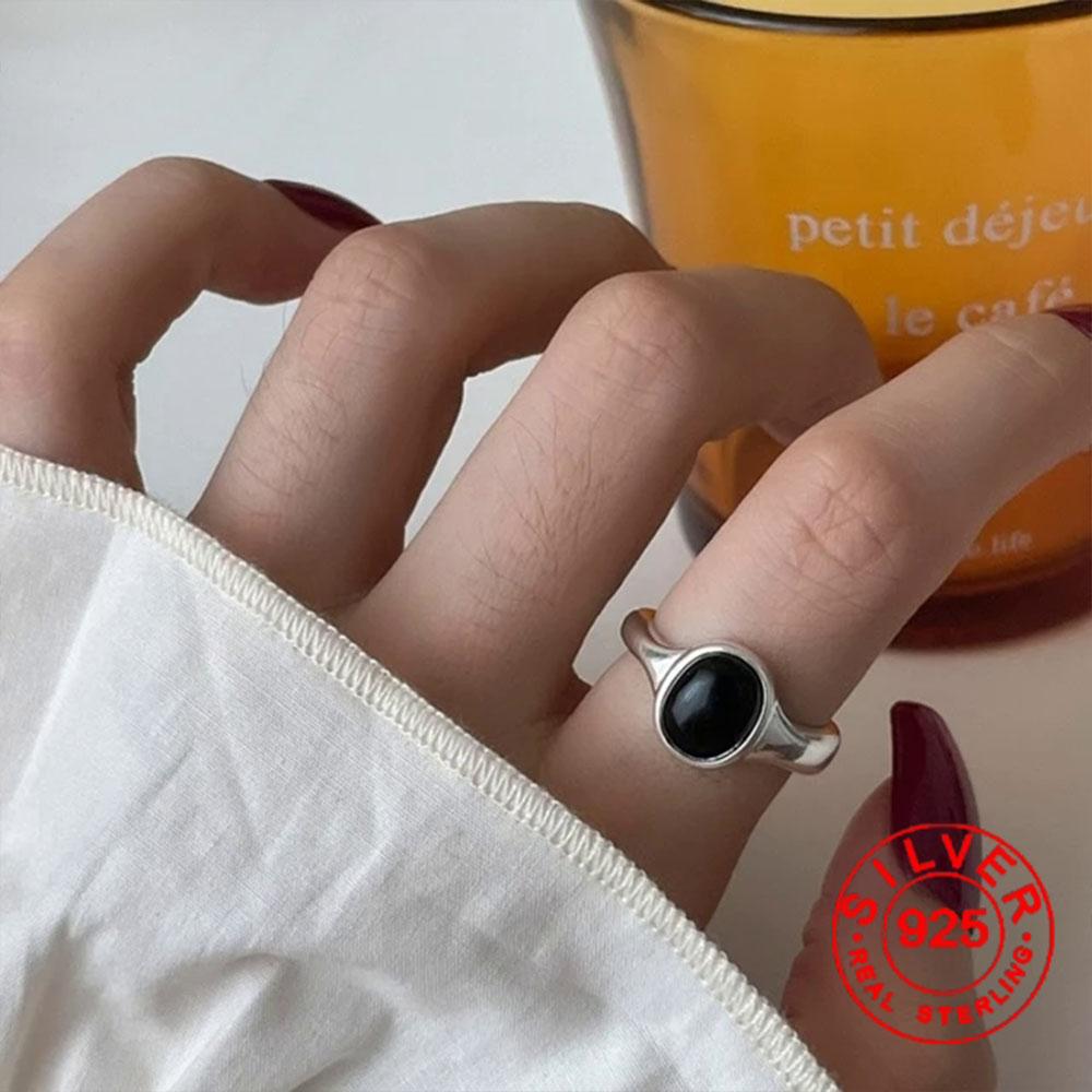BF CLUB Silver Color Rings for Women Fashion Geometric Handmade Irregular Black Stone Ring Party Christmas Gift