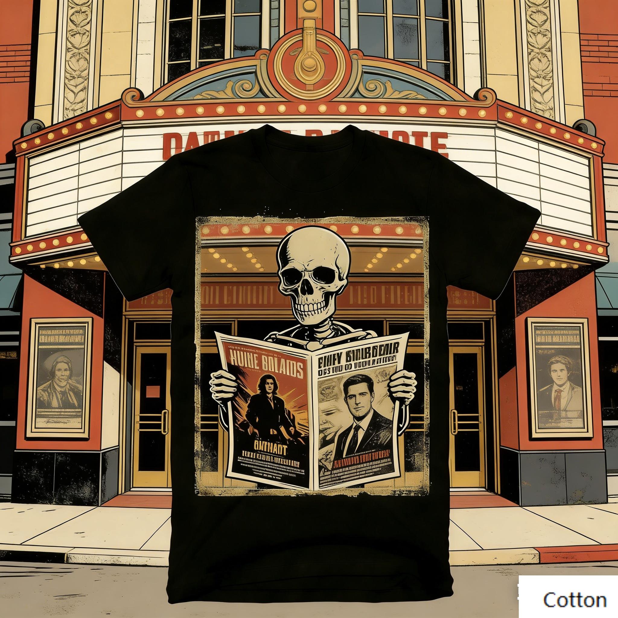 Artistic Skeleton Reader T-Shirt Cinema Newspaper Print Soft Cotton Casual Unisex Tshirt Retro Movie Graphic Tee S разноцветный