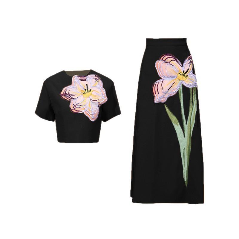 French Temperament Elegant Two-piece Women's Three-dimensional Flower Short-sleeved Top + High-waisted A-line Long Skirt Set