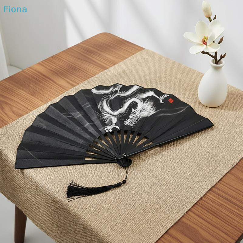 Black Silk Folding Fan with Ink White Dragon Pattern, Chinese Style Hand Fan for Cosplay, Home Decor & Performance