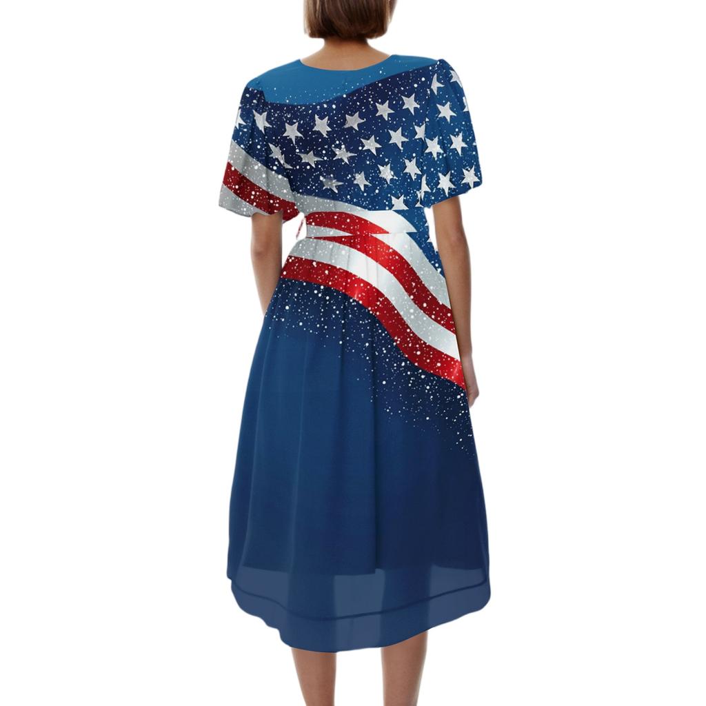 Women V Neck Short Sleeve Casual Dress with Star and Stripe Print Loose Fit Knee Length for Daily Wear Holiday Party