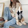Lion Garden Argyle Long Sizes Women's Cardigan, Autumn/Winter Knit, V-Neck, Sleeves, Thick, Simple, Casual, M-XL (XL, Navy)