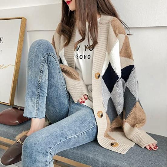 Lion Garden Argyle Long Sizes Women's Cardigan, Autumn/Winter Knit, V-Neck, Sleeves, Thick, Simple, Casual, M-XL (XL, Navy)