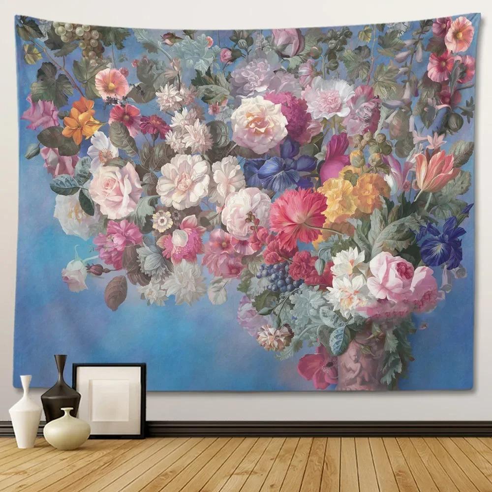 Retro European Style Floral Plant Theme Wall Hanging Bedroom Decorative Wall Tapestry Home Room Living Room Decoration
