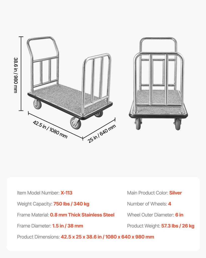 Carrello portabagagli per hotel, carrello a piattaforma da 750 libbre con telaio anteriore rimovibile