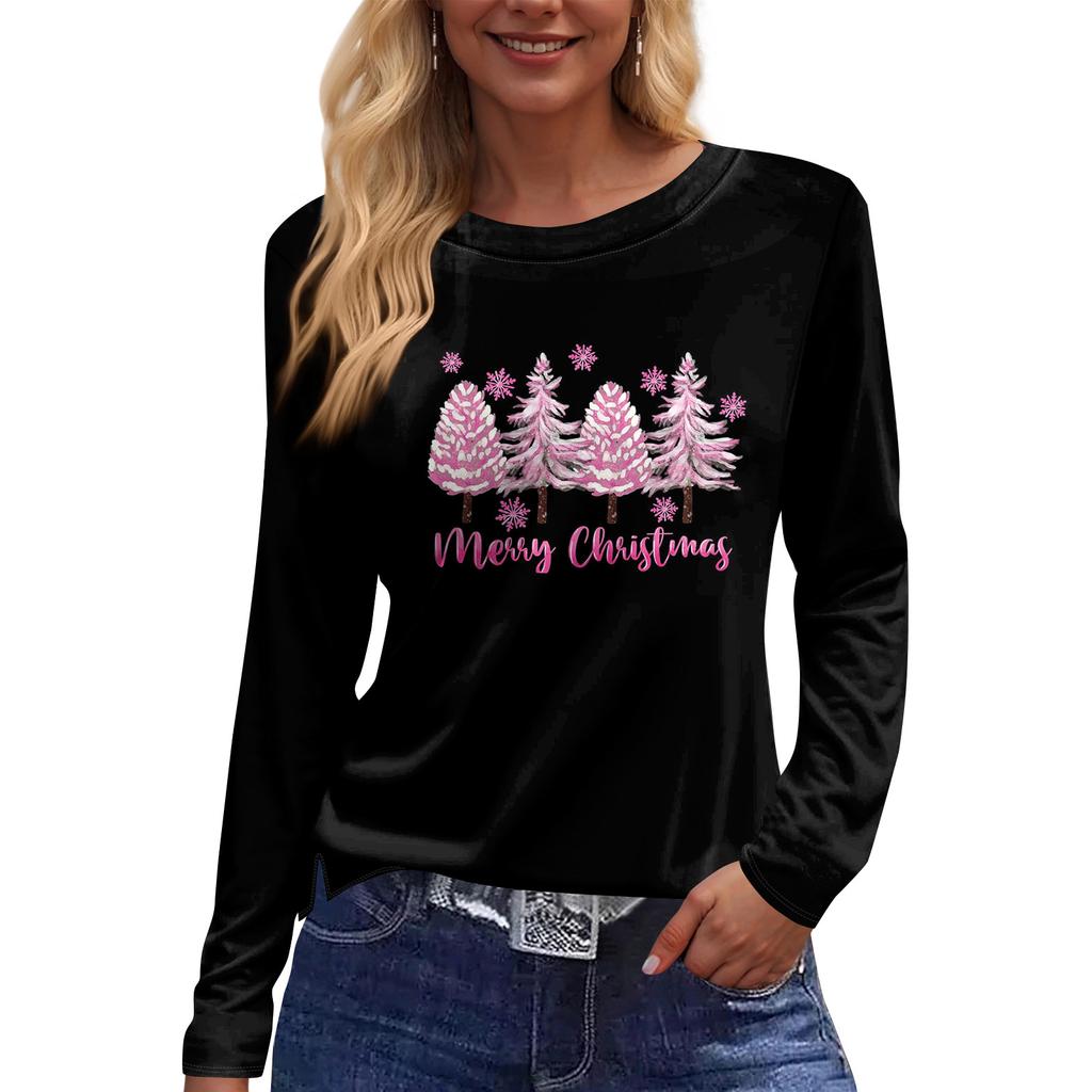 Women's Fashion Casual Slit Hem Round Neck Long Sleeve Loose Printed T-Shirt Ladies Top