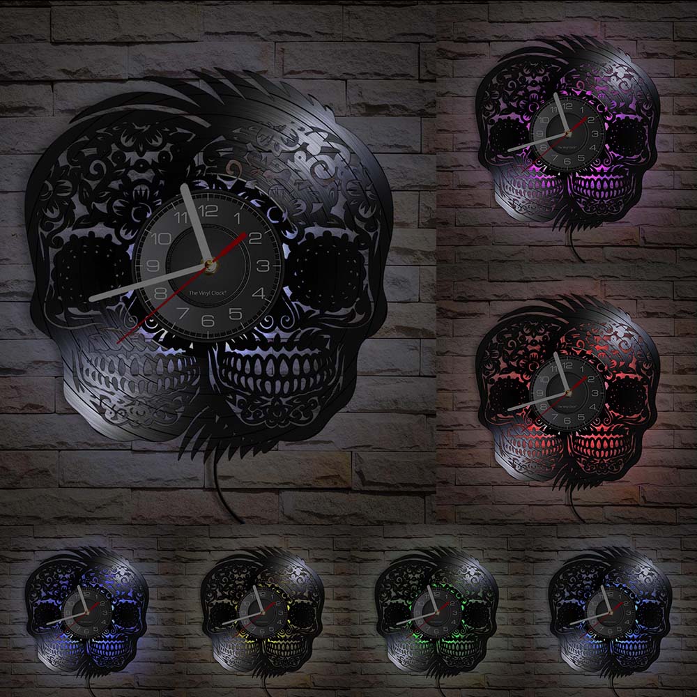 Schädel-Kopf-Vinyl-Schallplatten-Wanduhr im Alter von Skelett-Kopf-Wanduhr, Skelett-Vampir-Männer, Halloween-Dekor, Wandbehang-Uhr