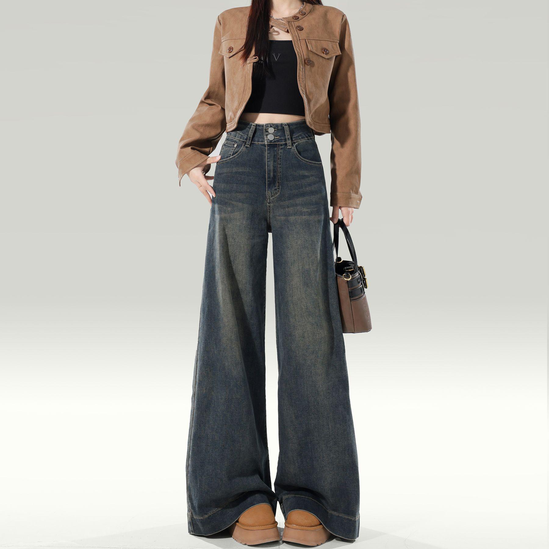 

Women s Retro Blue High-Waisted Micro-Flare Jeans: Washed, Slimming, Elastic, Versatile, Floor-Length with Good Drape. Medium