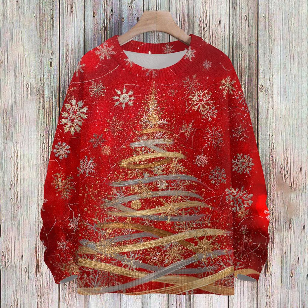 Ladies' Fashionable And Casual Christmas Cute Printed Round Neck Long Sleeved Knitted Yarn