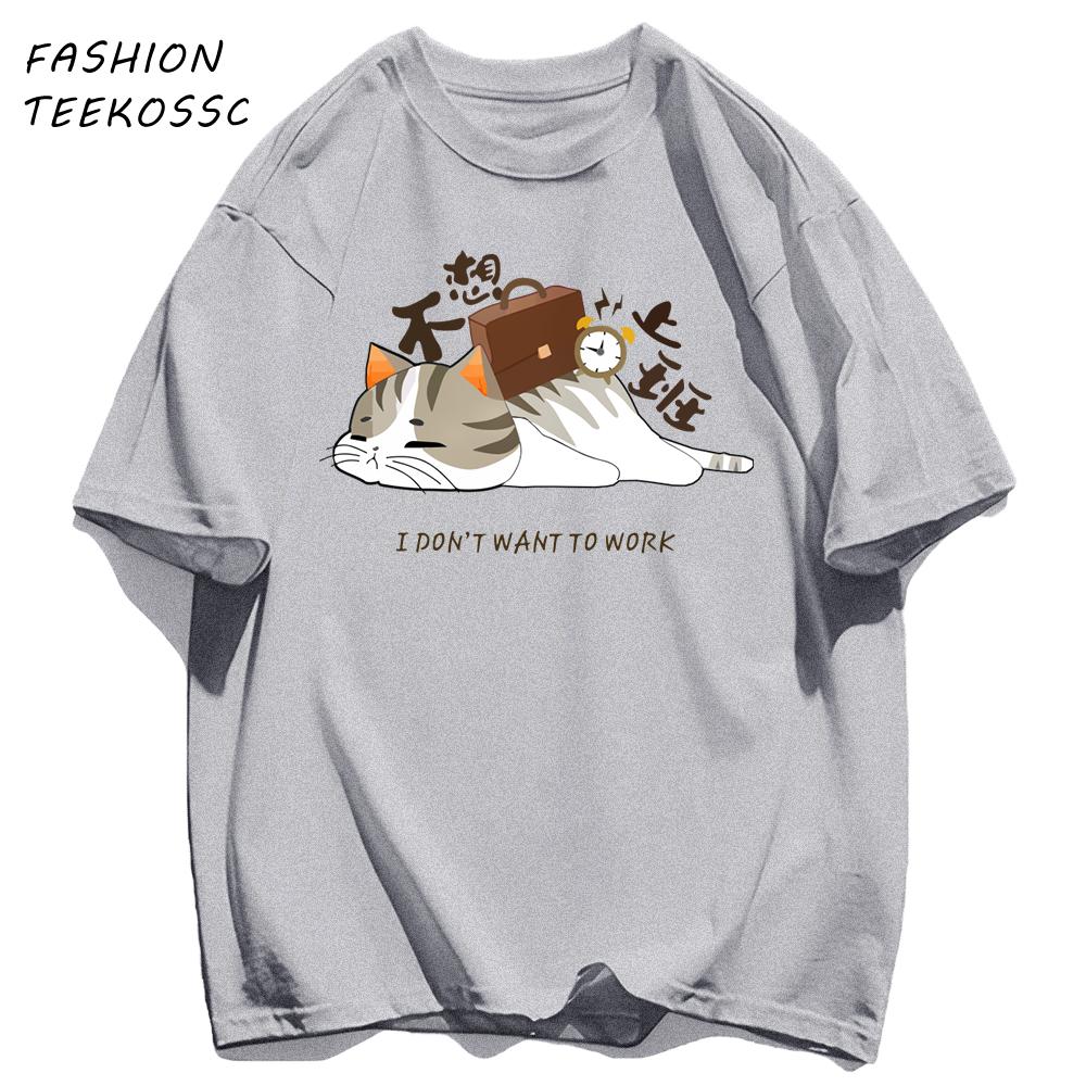 A Tired Working Cat Pattern Men TShirt Casual Oversize T Shirts Hip Hop Cotton Streetwear Summer AllMatch Soft Short Sleeve