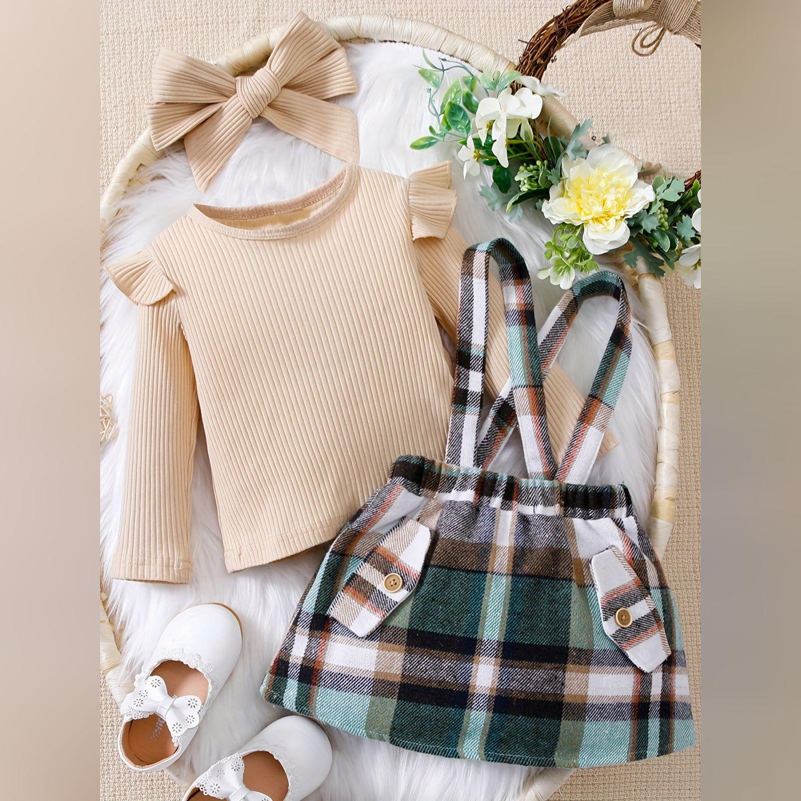 

Минималистичный комплект платья-сарафана в клетку для девочек-малышек 24 хаки