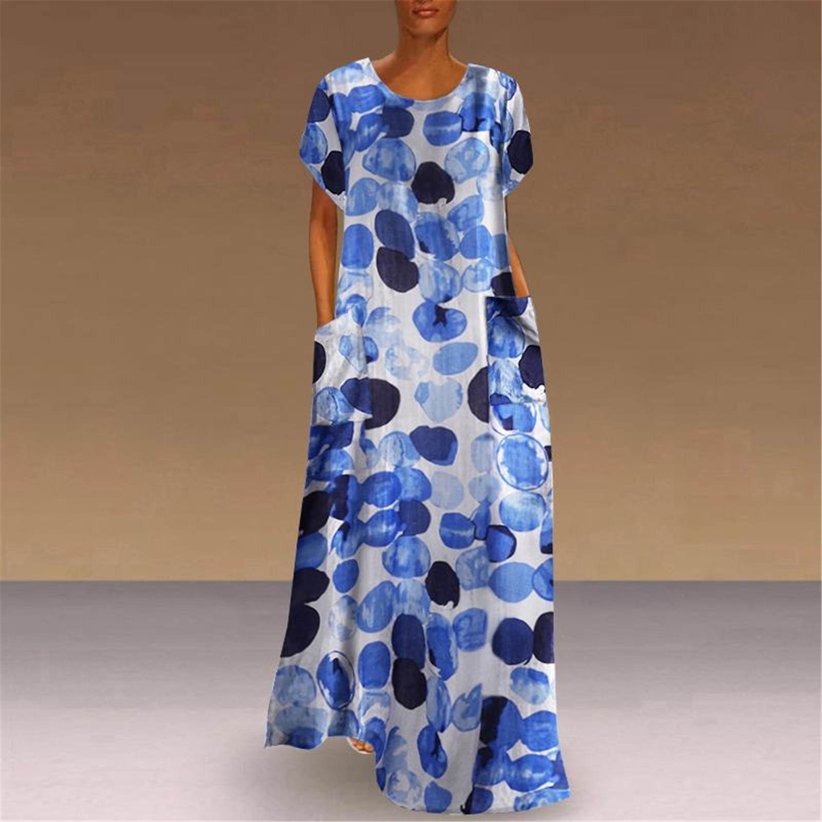 

Женское длинное платье в национальном стиле на весну и лето, богемное длинное платье с прямым круглым вырезом и коротким рукавом, свободная талия с карманом и принтом XXXXXL