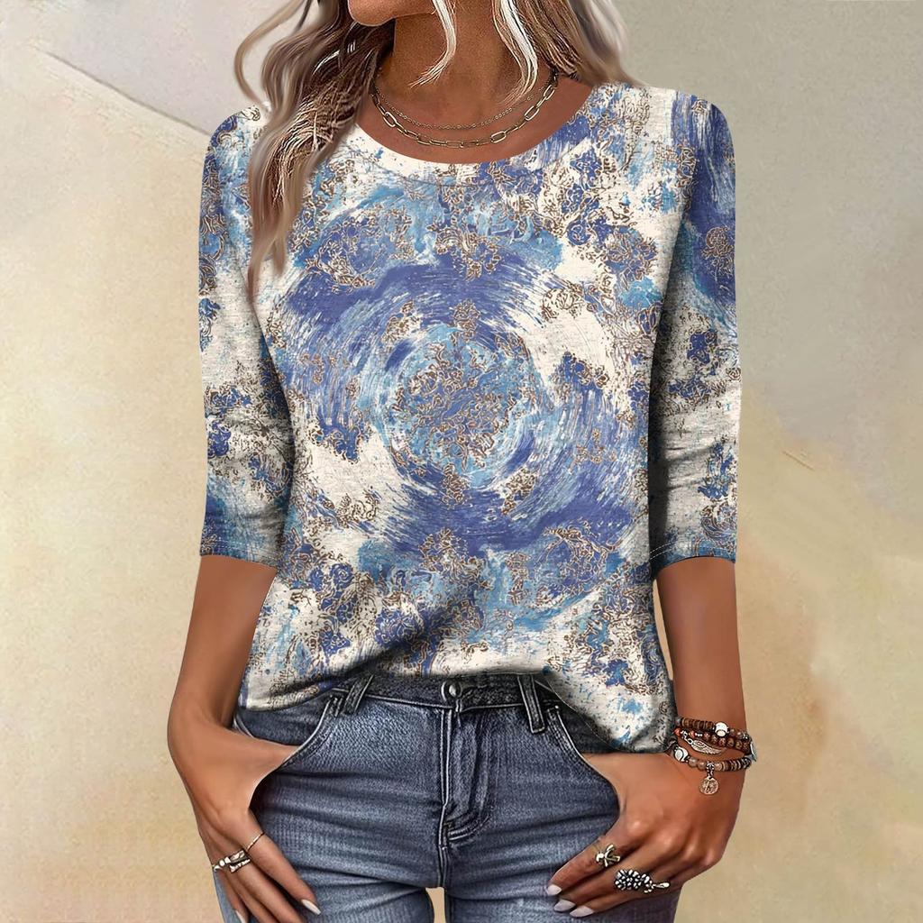 Trendy Vintage 3/4 Sleeve Top For Women,Ladies Casual Three Quarter Sleeve Round Collar Printed T-Shirt Blouse