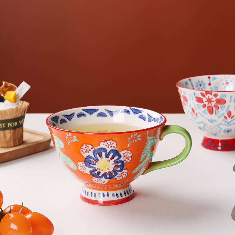 Retro Hand Painted Ceramic Mugs Underglaze Porcelain Breakfast Coffee Milk Tea Cup Set Home Office