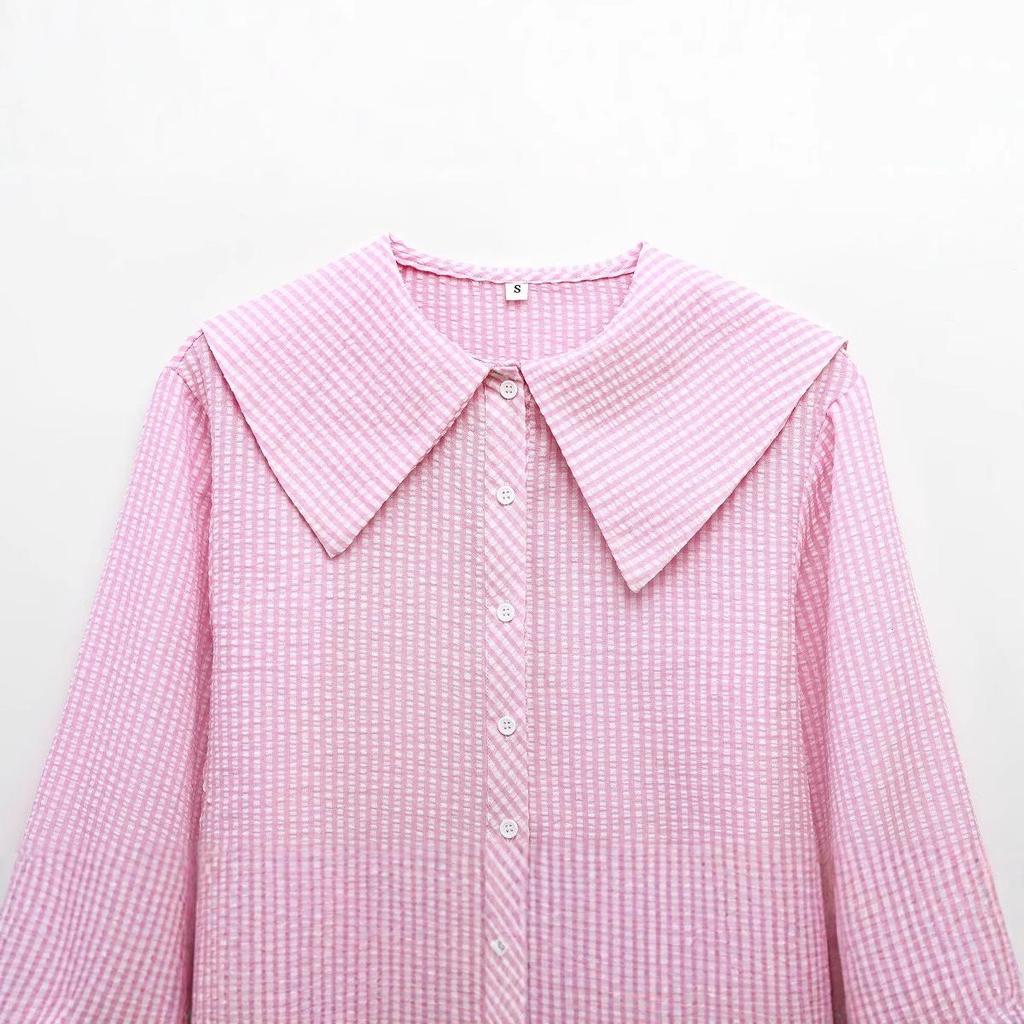 Spring 2025 Women's Fashion: European American Plaid Shirt with Turn-Down Collar