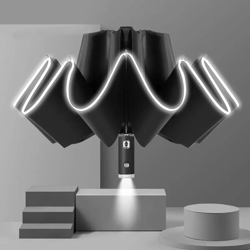 For Ford Mondeo Focus Raptor Puma Edge Explorer Ranger Fusion Kuga Car Led Light Automatic Folding Windproof Sunshade Umbrella APT1