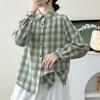 Women's Brushed Cotton Plaid Shirt - Green Cardigan Blouse, Long Sleeve, Spring/Autumn 2026