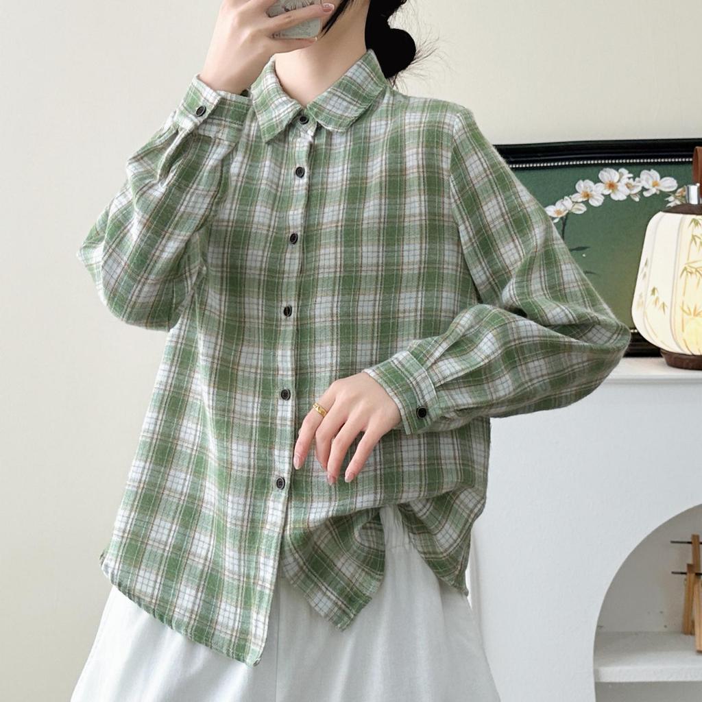 Women's Brushed Cotton Plaid Shirt - Green Cardigan Blouse, Long Sleeve, Spring/Autumn 2026