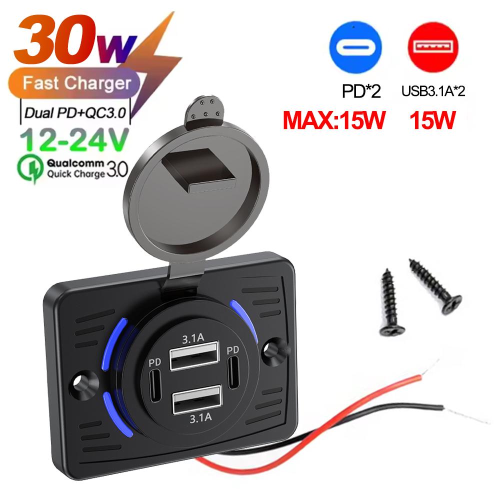 2-4 Ports USB Outlet QC 22.5W PD 30W Type-C Quick Charge & QC3.0 Panel Wall Mount Charger Adapter for Bus ATV Truck