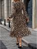 Leopard Print V-Neck Long Sleeve Dress - European & American Style, High Waist, Women's Elegant Commute Wear