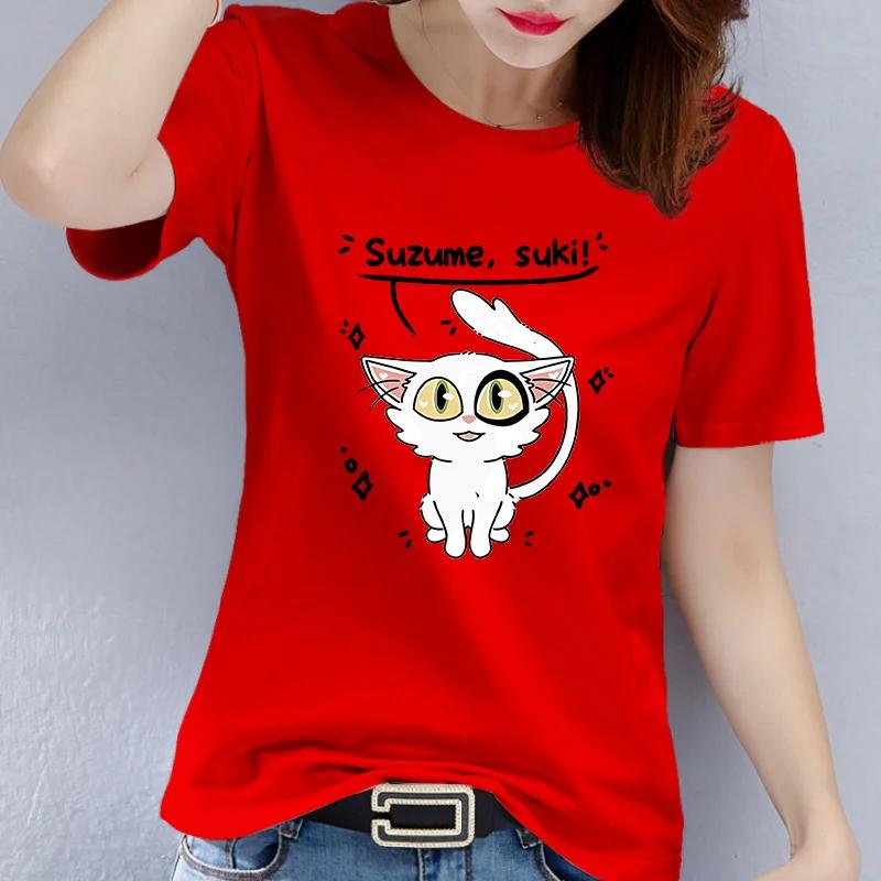 cotton Anime Suzume Suki White Cat Print T Shirt Women Cute Cartoon Graphic Short Sleeve Casual Summer Red Tee