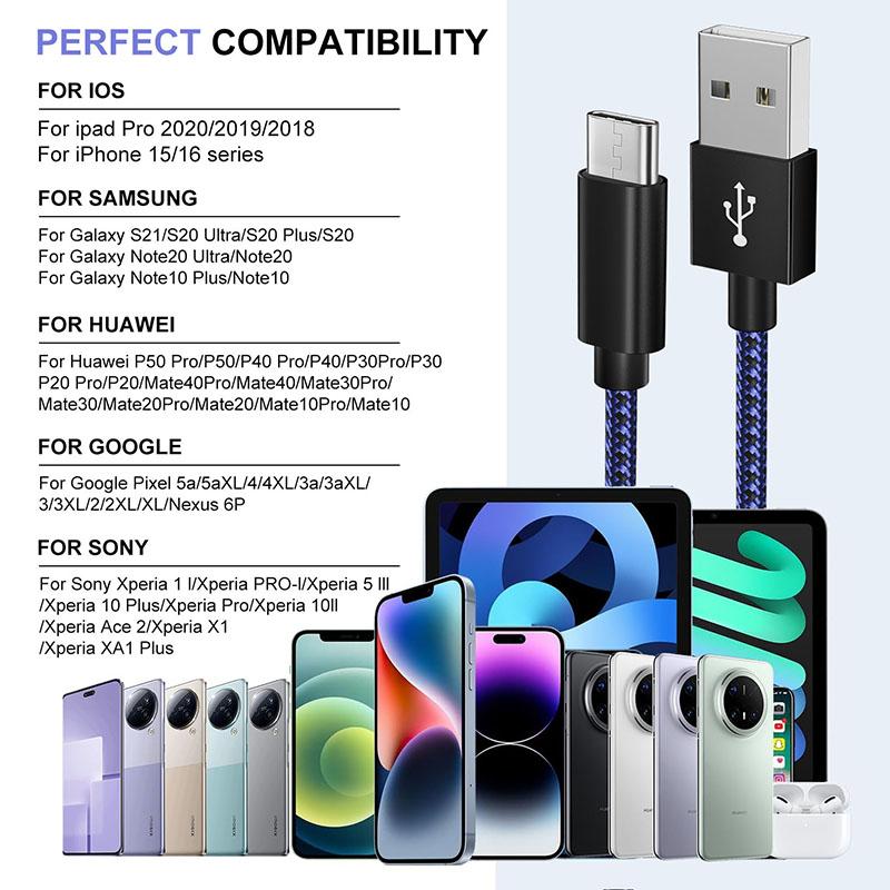2.4A Type C Data Cable Fast Charging Cord Nylon Braided USB C Charger Wire for 16 15 Pro Max Smasung Huawei Line
