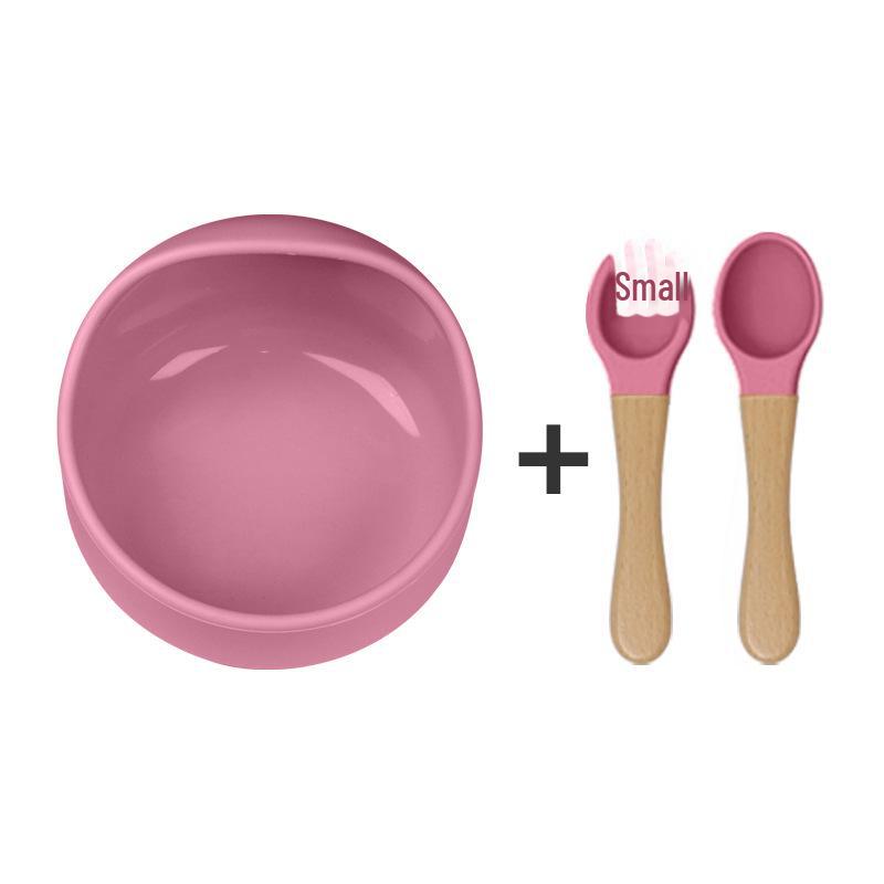 Silikon Saugbecher Baby Fütterset: Schneckenschale, Löffel & Gabel mit Holzgriffen, Leicht zu reinigen.