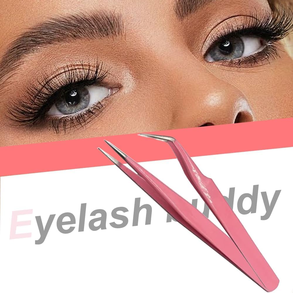 Professional Stainless Steel Eyelash Extension Tweezers Set, Pink Color, 2 Piece Precision Beauty Tools with Straight and Curved Tips, 4.76 Inch and