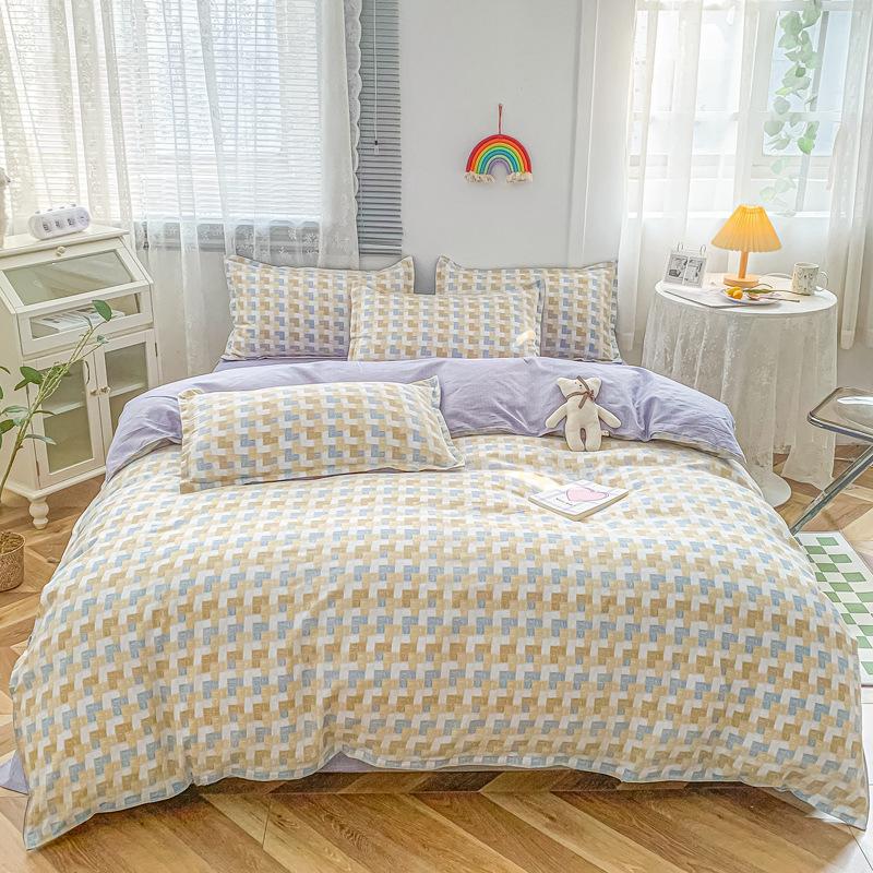 Pure Cotton Abraded Bedding Four-piece Set, Bed Sheet Quilt Cover, Dormitory Cotton Three-piece Set