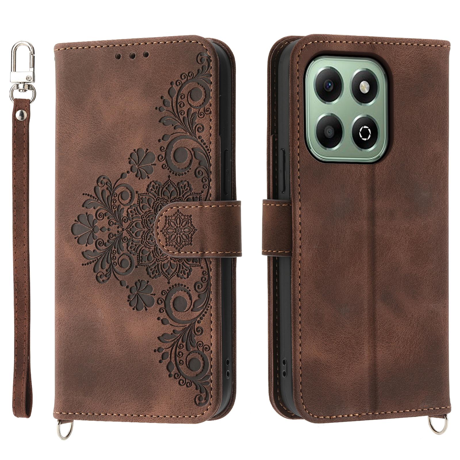 

For Honor X6b 4G Case Flower Pattern PU Leather Wallet Phone Cover with Strap Brown