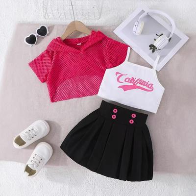 4-8Y Children's Clothing Girls Set Pink Mesh Short Sleeve Top + White Vest + Black Pleated Skirt