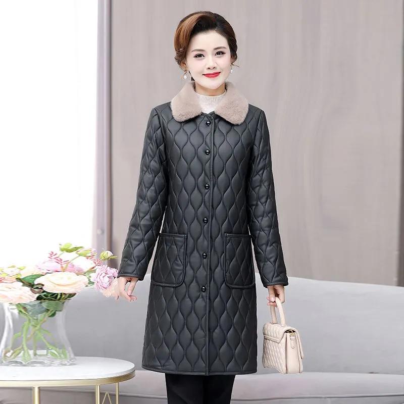 Women's Autumn/Winter Padded Velvet Mid Long Jacket Middle-Aged Female Solid Elegant Plus Size Outerwear