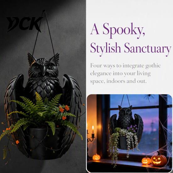 Bat Shaped Flower Pot Hanging Plant Pot, 3D Printed Owl Planter, Halloween Design Planter Gothic Holder for Trailing Vines, Home Porch