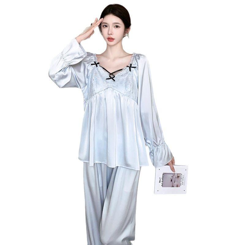 New Summer Ice Silk Pajamas Set Women's Spring and Autumn Senior Sense Simulation Silk Loungewear Long Sleeves Trousers with Chest Pads
